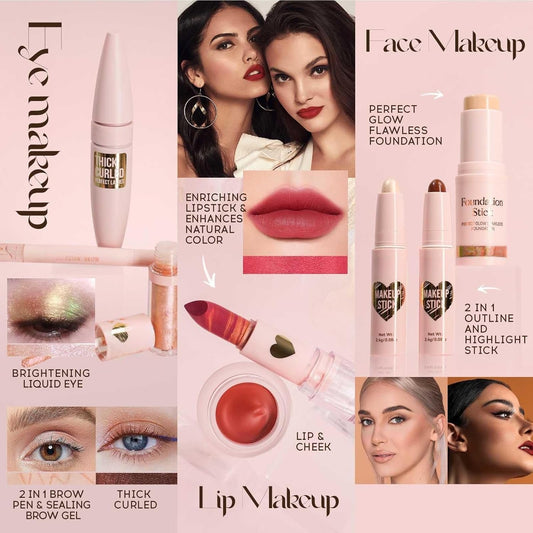 Makeup Kits for Teen Girls,Lipstick, Contour Stick, Highlighter Stick, Eye Shadow, Lip Mud, 2-In-1 Eyebrow Pencil, Foundation Stick, Mascara and Hair Tie,R Makeup Gift Set for Women(Cosmetic Bag)