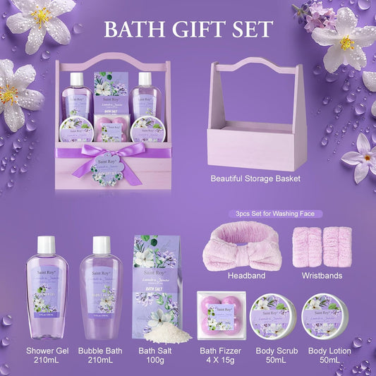 Home Spa Gift Basket for Women, Lavender Jasmine Bath & Body Care Kit