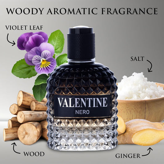 Valentine Nero for Men, Woody Aromatic Cologne, 3.4 Fl Oz
