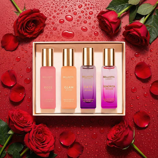 Bellavita Luxury Women's Perfume Gift Set - Includes Rose, Senorita, Date, and Glam | 80ml | Long-Lasting Fragrance with Pink Pepper, Yuzu, and Floral Peach