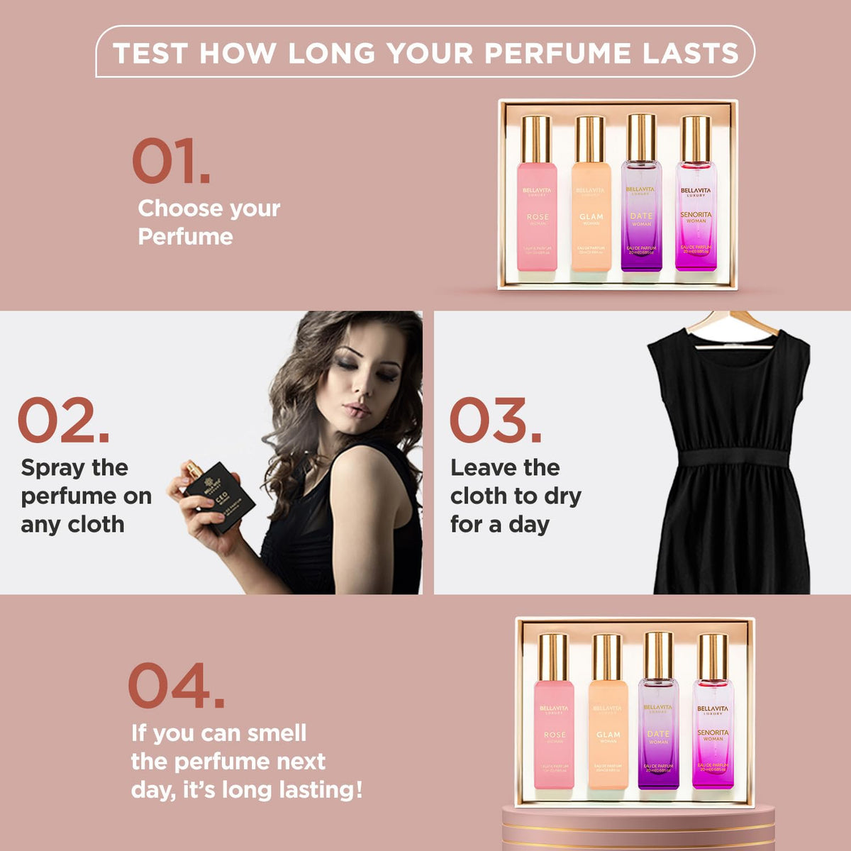 Bellavita Luxury Women's Perfume Gift Set - Includes Rose, Senorita, Date, and Glam | 80ml | Long-Lasting Fragrance with Pink Pepper, Yuzu, and Floral Peach