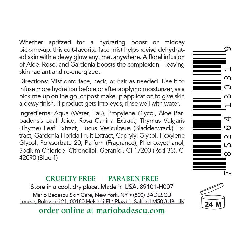 Mario Badescu Rosewater and Aloe Vera Facial Spray Toner, 2 oz