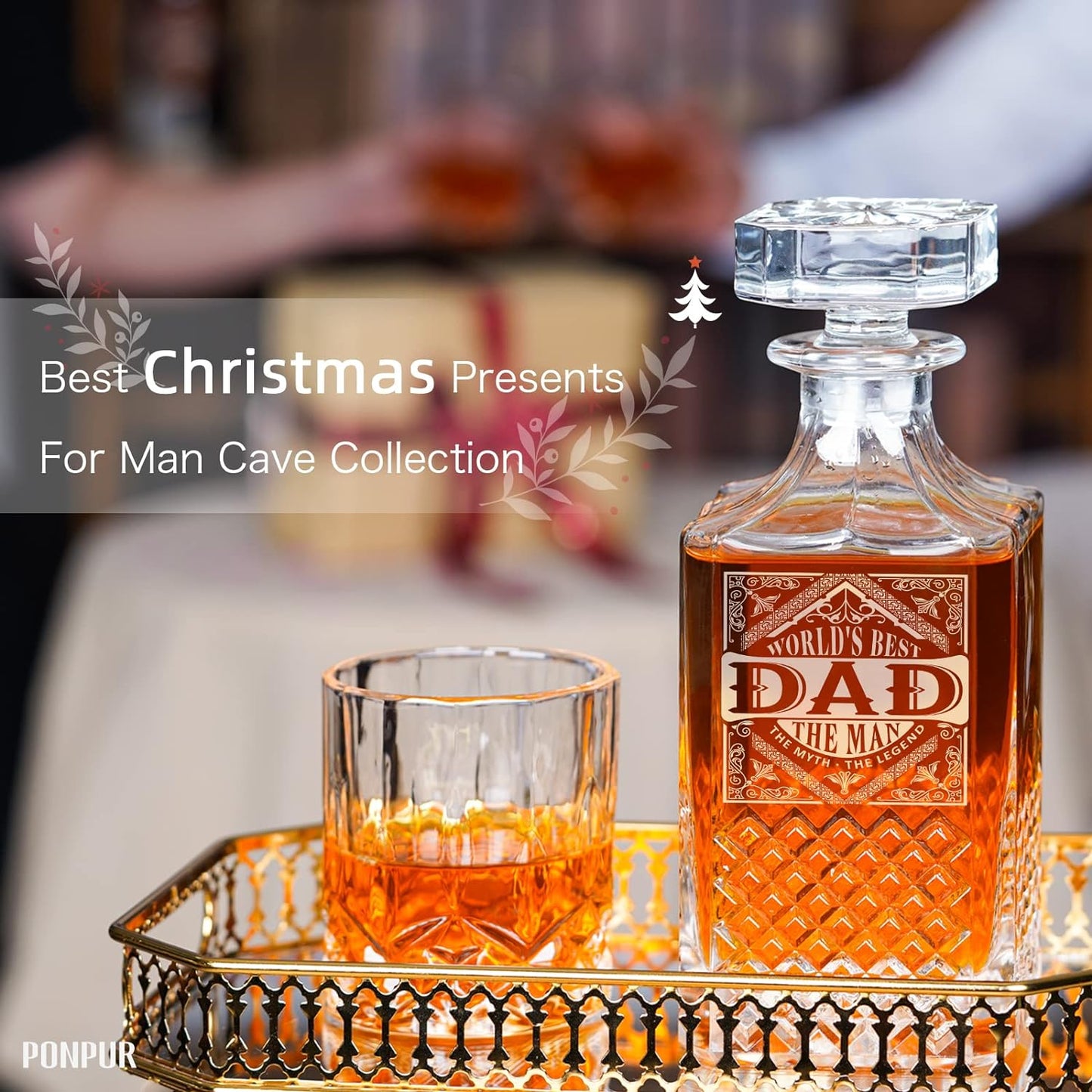 PONPUR Whiskey Decanter Set with 2 Glasses - Ideal Gift for Father's Day, Birthdays, Christmas, and Retirement