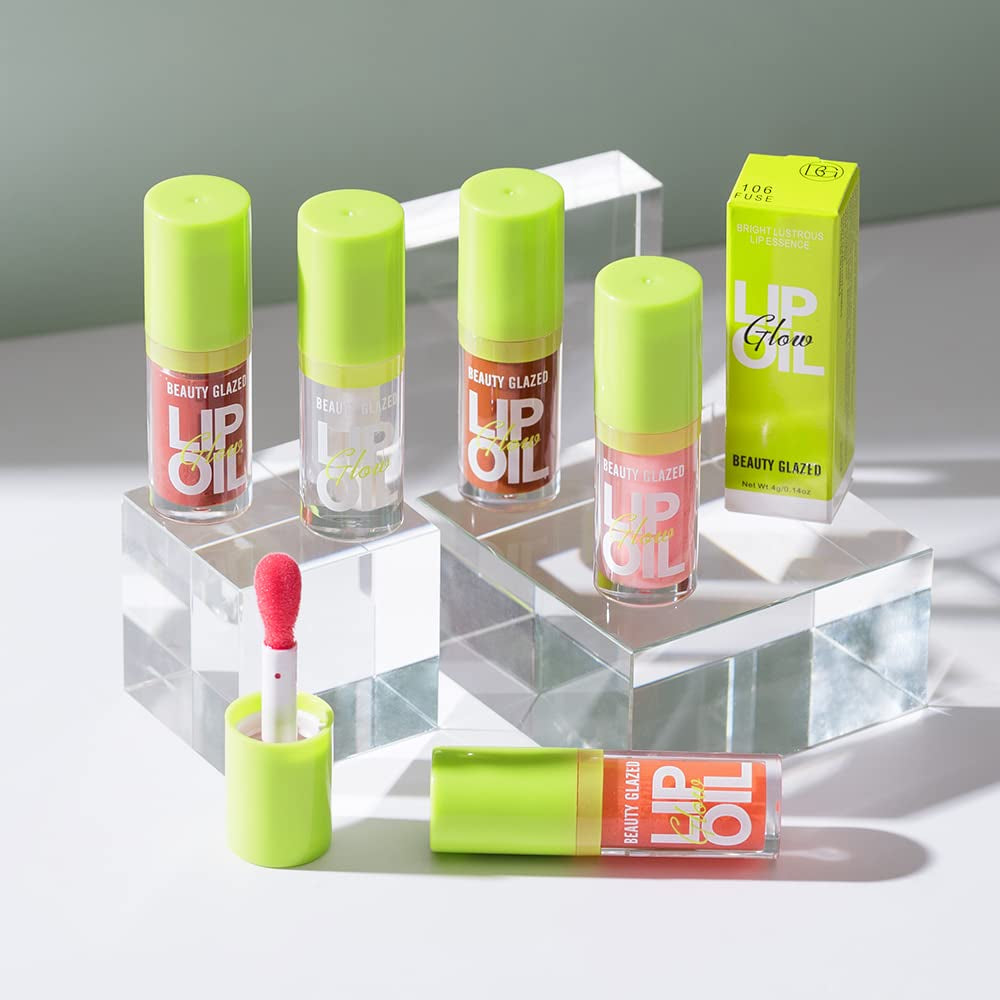 Beauty Glazed Lip Oil with Big Brush Head, Ultra-Hydrating and Nourishing Formula, Smooth Glossy Finish, Shiny Vegan Tinted Gloss, Non-Sticky (102# KISSY)