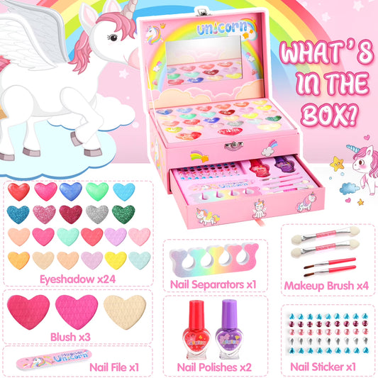 36-Piece Unicorn Makeup Kit for Girls – Real Washable Pretend Play Cosmetic Set with Mirror, Ideal Birthday Gift for Ages 4 to 9, Pink