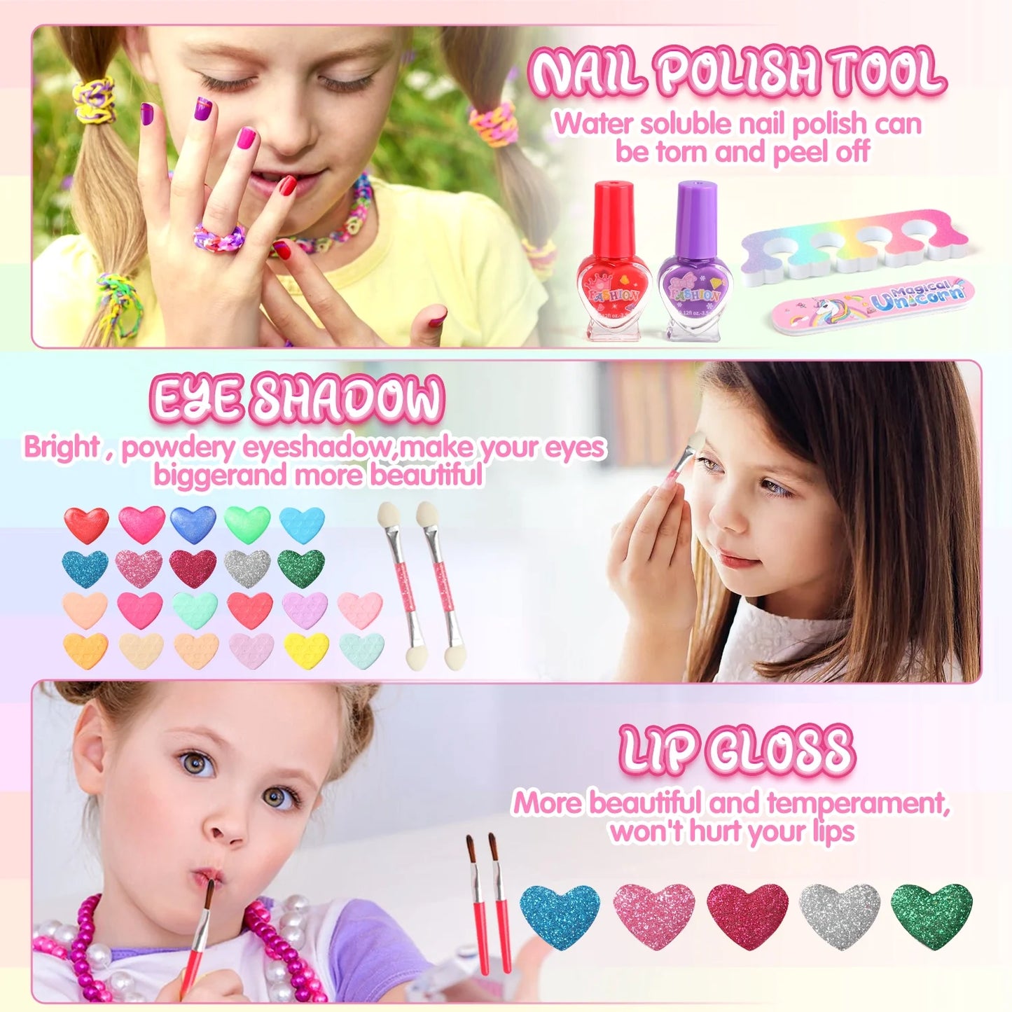 36-Piece Unicorn Makeup Kit for Girls – Real Washable Pretend Play Cosmetic Set with Mirror, Ideal Birthday Gift for Ages 4 to 9, Pink