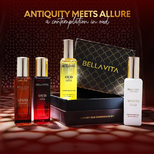 Bellavita Luxury OUD Experience Gift Set (4x20ml) – Premium Unisex Arabic Perfumes Featuring Gold, Dark, and White OUD with Notes of Caramel, Orris, Vetiver, and Citrus