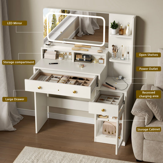 Modern White Makeup Vanity with LED Mirror, Adjustable 3-Color Lighting, Dual AC, USB & Type-C Ports, 3 Shelves, 2 Drawers, and Acrylic Cabinet for Bedroom