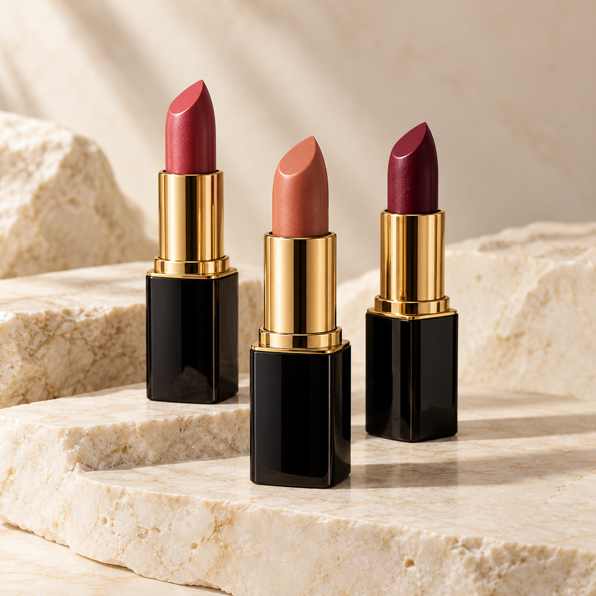 Rose, nude and berry lipsticks in elegant cases