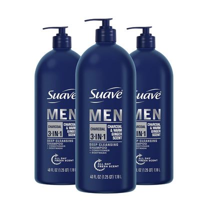 Suave Men Shampoo Conditioner Bodywash 3 in 1 Charcoal &Warm Ginger to Cleanse and Nourish Hair and Skin, 40 Oz Pack of 3