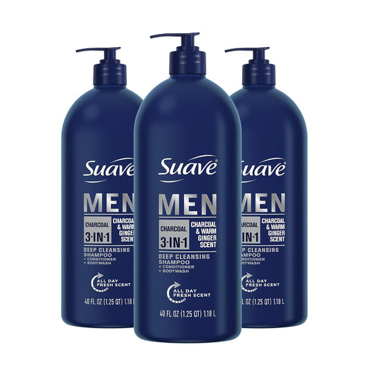 Suave Men Shampoo Conditioner Bodywash 3 in 1 Charcoal &Warm Ginger to Cleanse and Nourish Hair and Skin, 40 Oz Pack of 3