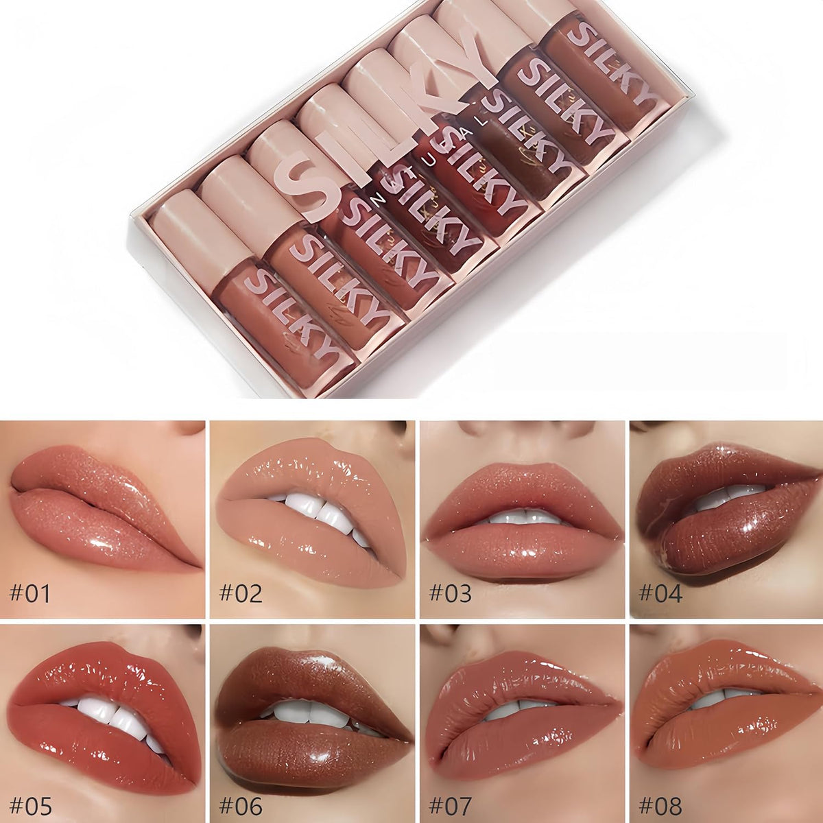 MAEPEOR 8-Piece Shiny Glossy Lip Gloss Set - Non-Sticky, Moisturizing, Long-Lasting Liquid Lipstick with High Shine & Shimmer for Women and Girls (Set 01)