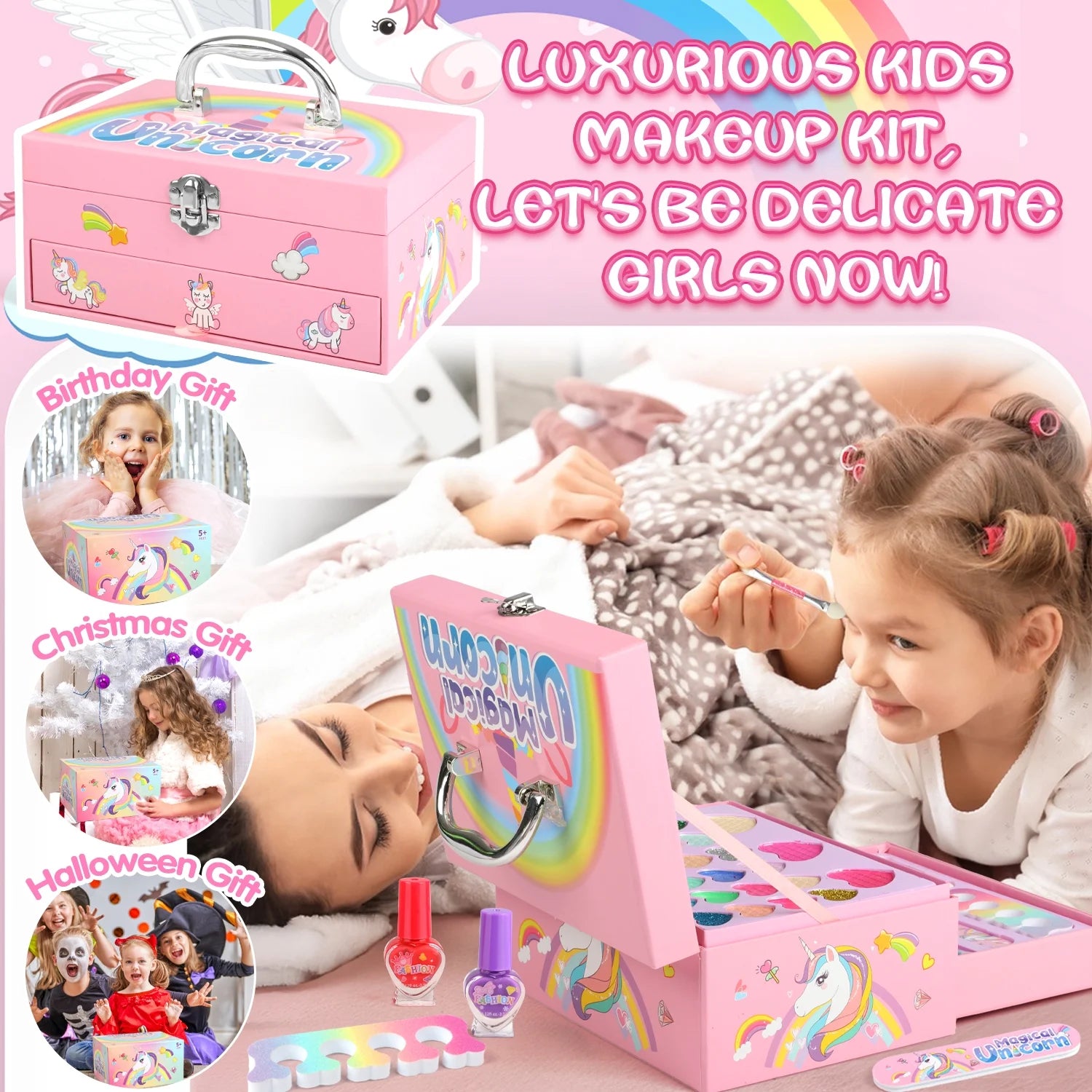 36-Piece Unicorn Makeup Kit for Girls – Real Washable Pretend Play Cosmetic Set with Mirror, Ideal Birthday Gift for Ages 4 to 9, Pink