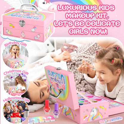 36-Piece Unicorn Makeup Kit for Girls – Real Washable Pretend Play Cosmetic Set with Mirror, Ideal Birthday Gift for Ages 4 to 9, Pink