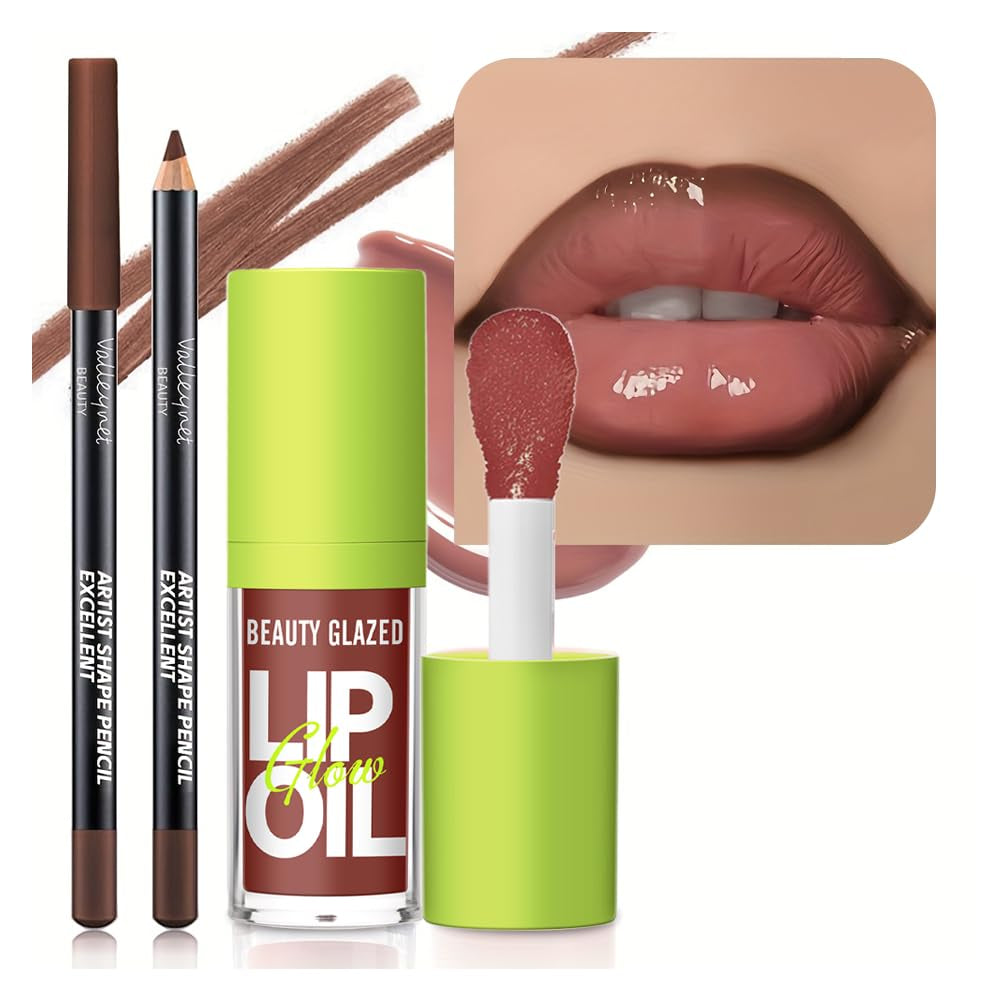 Lip Gloss and Lip Liner Set - Cocoa Brown, 90s Ombre Effect, High Shine Finish, Plumping and Volume Enhancing, Fuller Looking Lips (#V04+107)