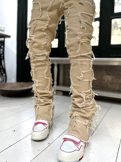 Men's Ripped Patchwork Stacked Jeans