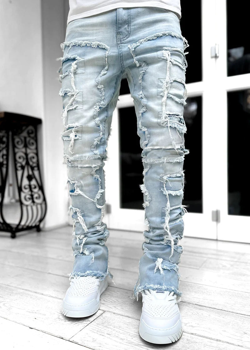 Men's Ripped Patchwork Stacked Jeans