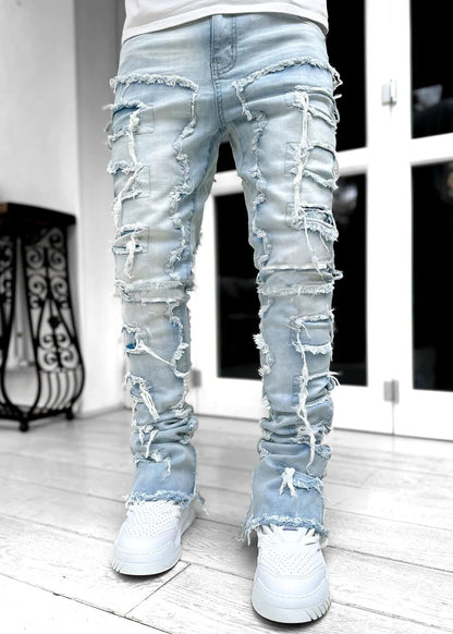 Men's Ripped Patchwork Stacked Jeans