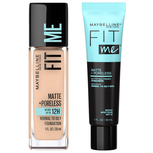 Maybelline Fit Me Matte + Poreless Liquid Foundation and Mattifying Primer Bundle - Creamy Beige Foundation and Primer Included