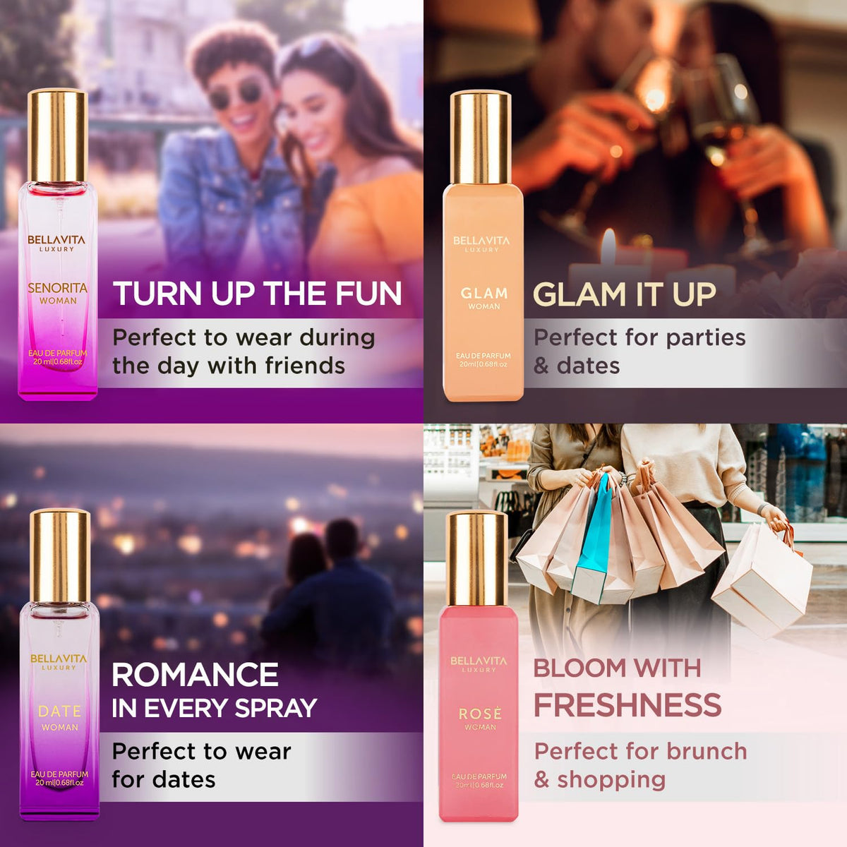 Bellavita Luxury Women's Perfume Gift Set - Includes Rose, Senorita, Date, and Glam | 80ml | Long-Lasting Fragrance with Pink Pepper, Yuzu, and Floral Peach