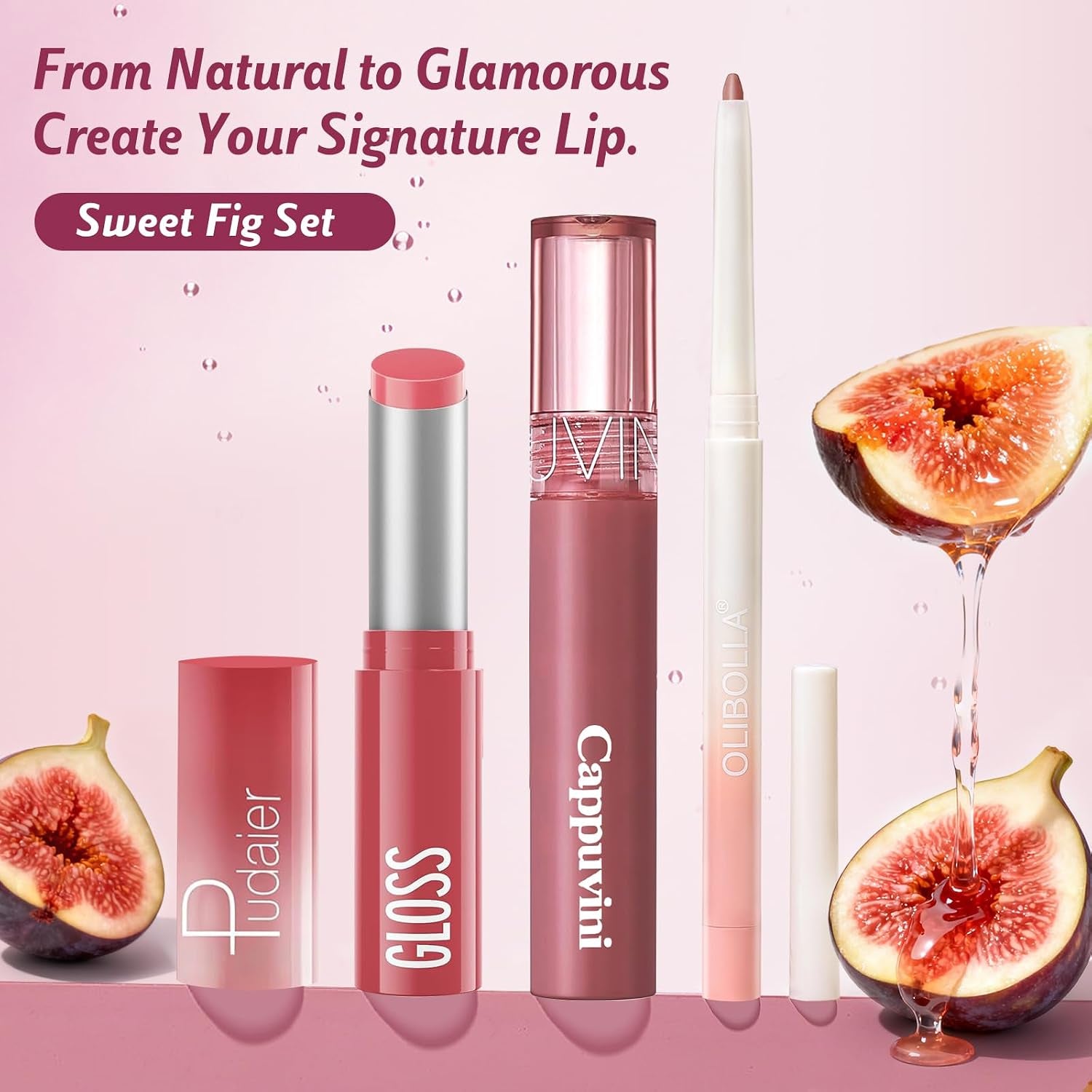 KIMUSE Sweet Fig Lip Combo Set - 3 Pack of Lip Liner, Lipstick, and Gloss