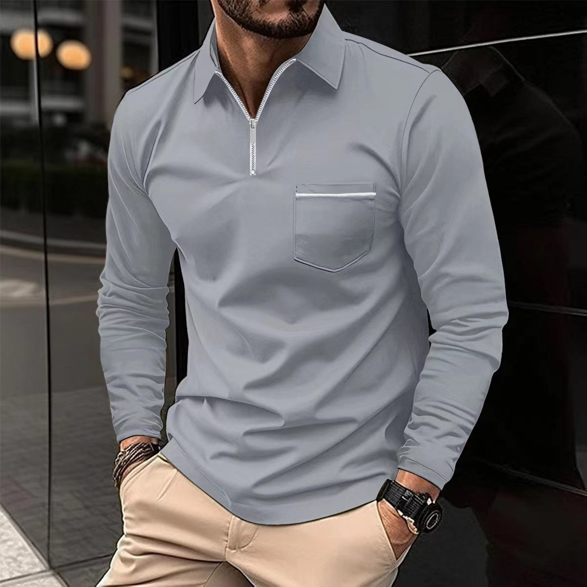 Men's Long Sleeve Zip Collar Shirt