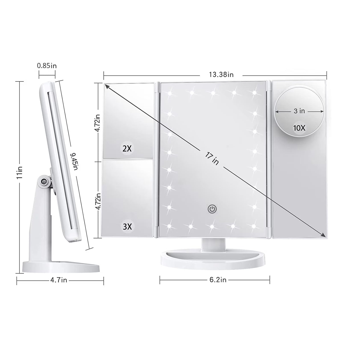 LED Lighted Makeup Mirror with Trifold Design, 1X/2X/3X Magnification and 10X Magnifying Mirror, Touch Control, Portable, White