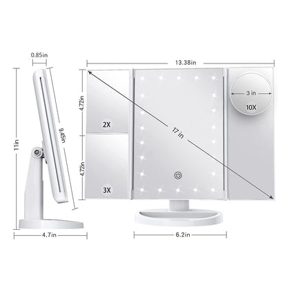 LED Lighted Makeup Mirror with Trifold Design, 1X/2X/3X Magnification and 10X Magnifying Mirror, Touch Control, Portable, White