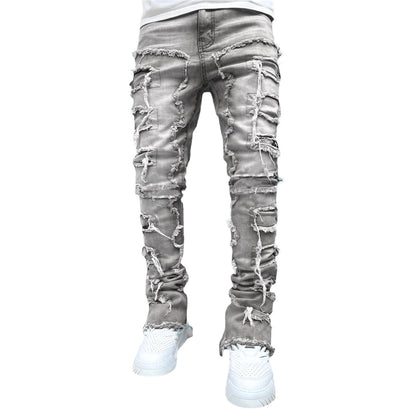 Men's Ripped Patchwork Stacked Jeans