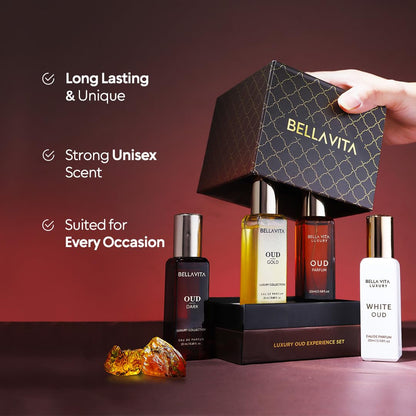 Bellavita Luxury OUD Experience Gift Set (4x20ml) – Premium Unisex Arabic Perfumes Featuring Gold, Dark, and White OUD with Notes of Caramel, Orris, Vetiver, and Citrus
