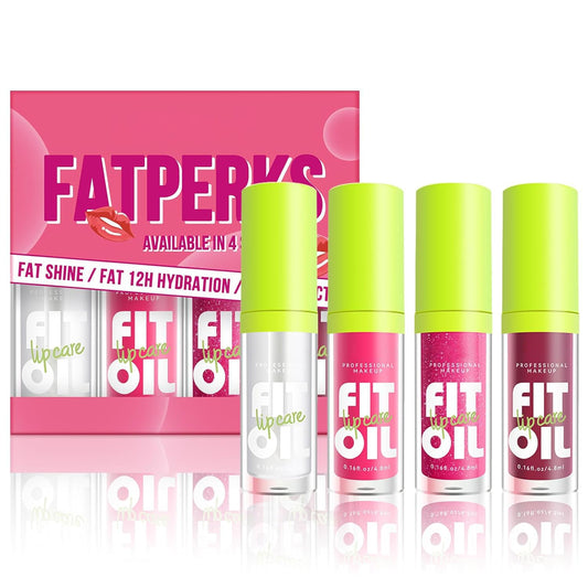 Hydrating Lip Oil Collection - 4 Shades of Glossy, Moisturizing Lip Glaze with Large Brush Applicator, Long-Lasting, Non-Sticky, Transparent Tinted Formula for Plump Lips - Set A