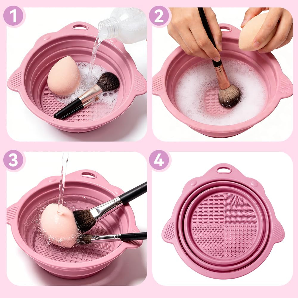Professional Makeup Brush Cleaning Mat and Drying Basket - 3-in-1 Cleaner and Dryer Tool (Pink)