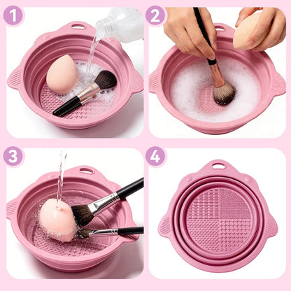 Professional Makeup Brush Cleaning Mat and Drying Basket - 3-in-1 Cleaner and Dryer Tool (Pink)
