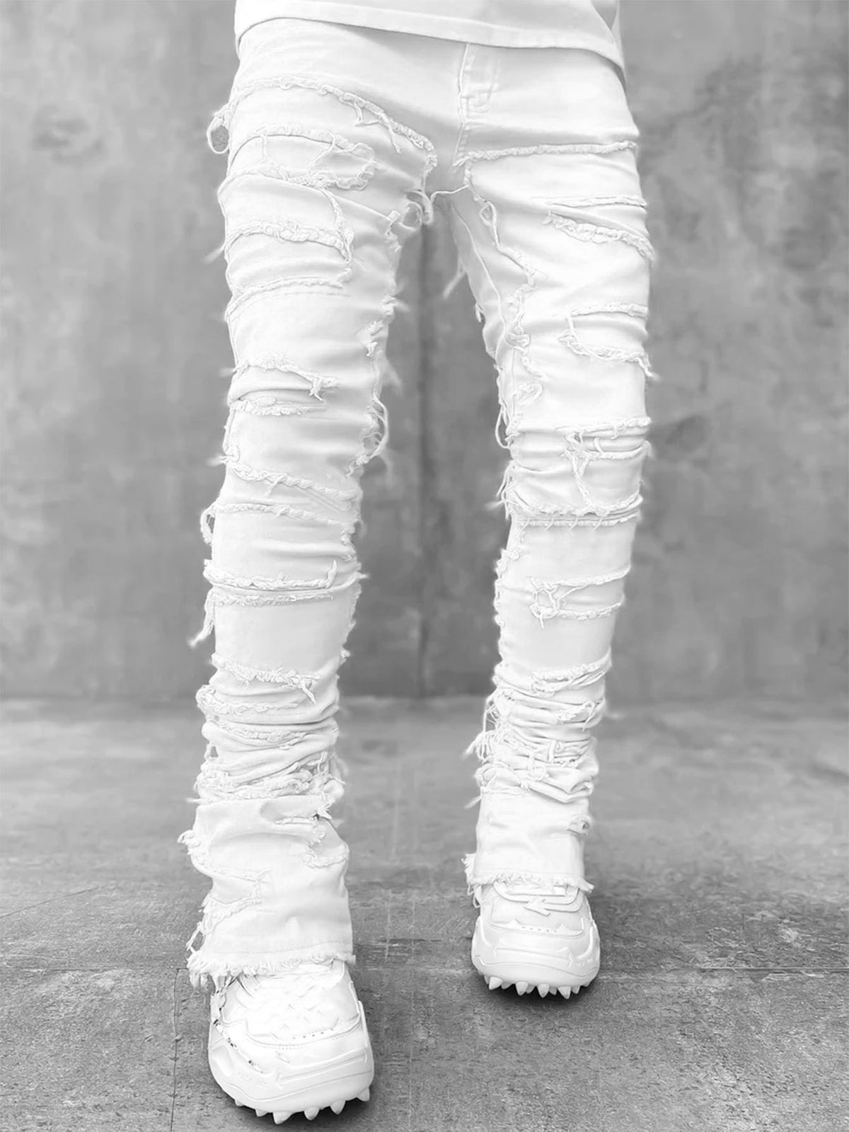 Men's Ripped Patchwork Stacked Jeans
