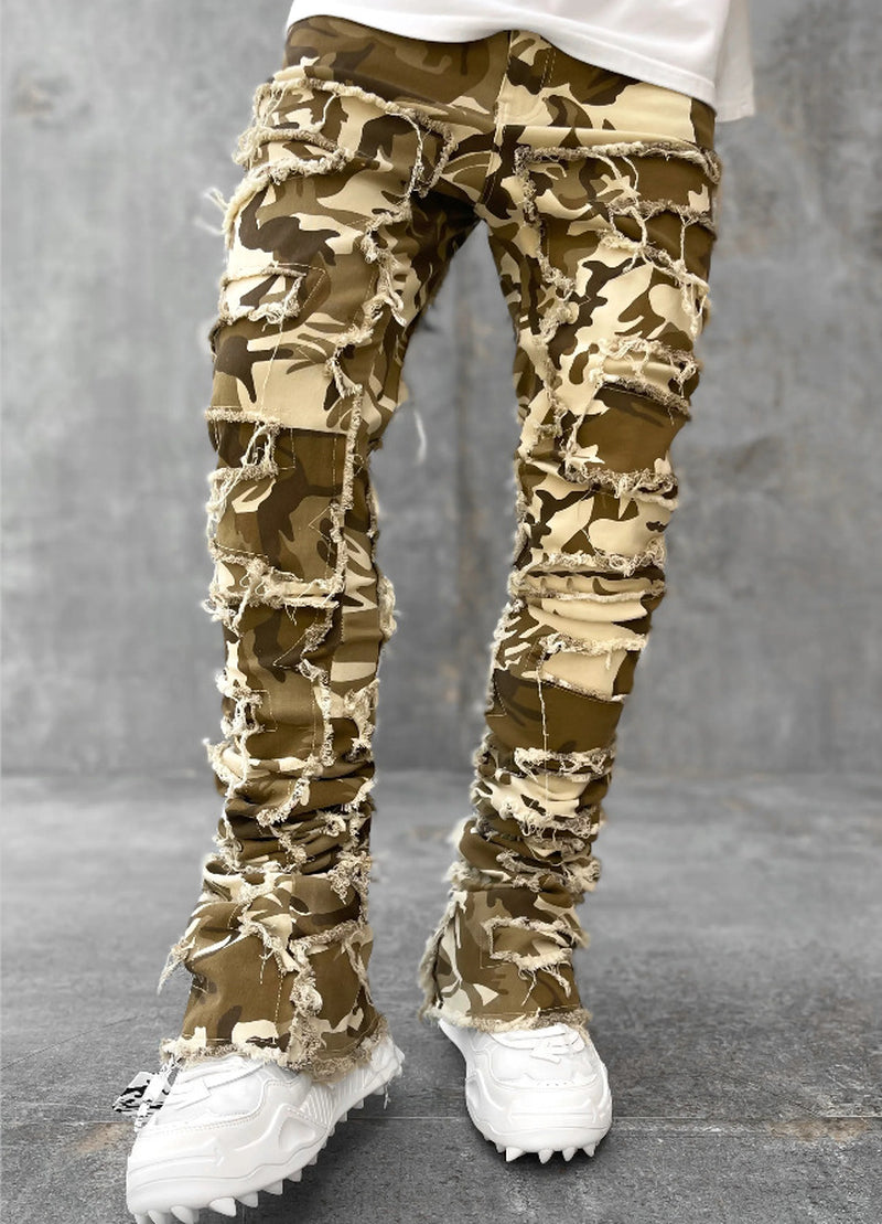 Men's Ripped Patchwork Stacked Jeans