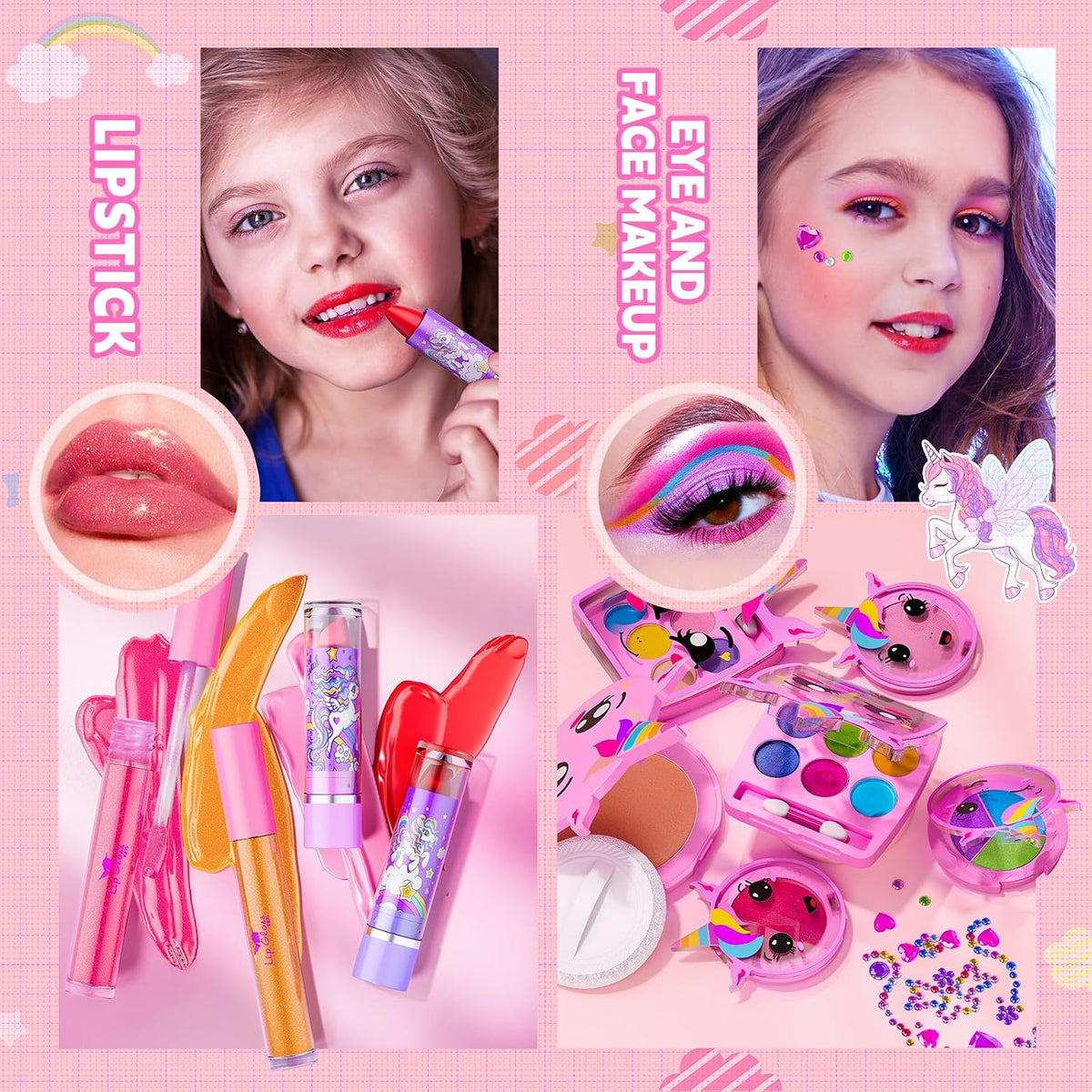 Beayuck Children's Makeup Kit - Washable Cosmetic Set with Storage Case for Girls Aged 3-12, Ideal for Birthdays and Christmas, Pink