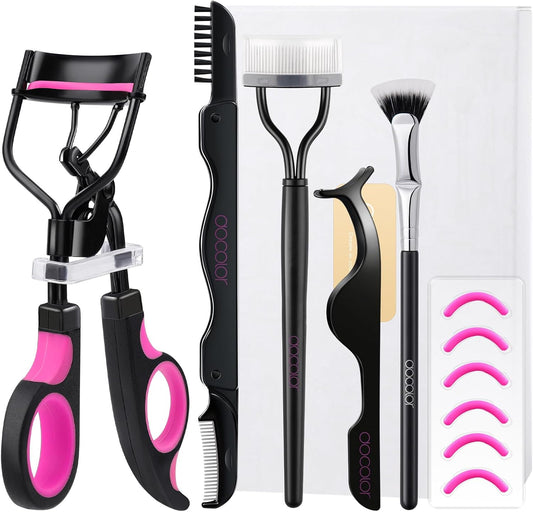 Docolor 5-in-1 Eyelash Curler Kit with Eyelash Comb, Fan Mascara Brush, Tweezers, Eyebrow Brush, and 6 Replacement Pads