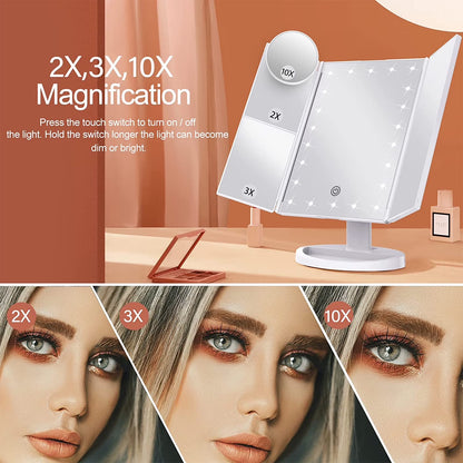 LED Lighted Makeup Mirror with Trifold Design, 1X/2X/3X Magnification and 10X Magnifying Mirror, Touch Control, Portable, White
