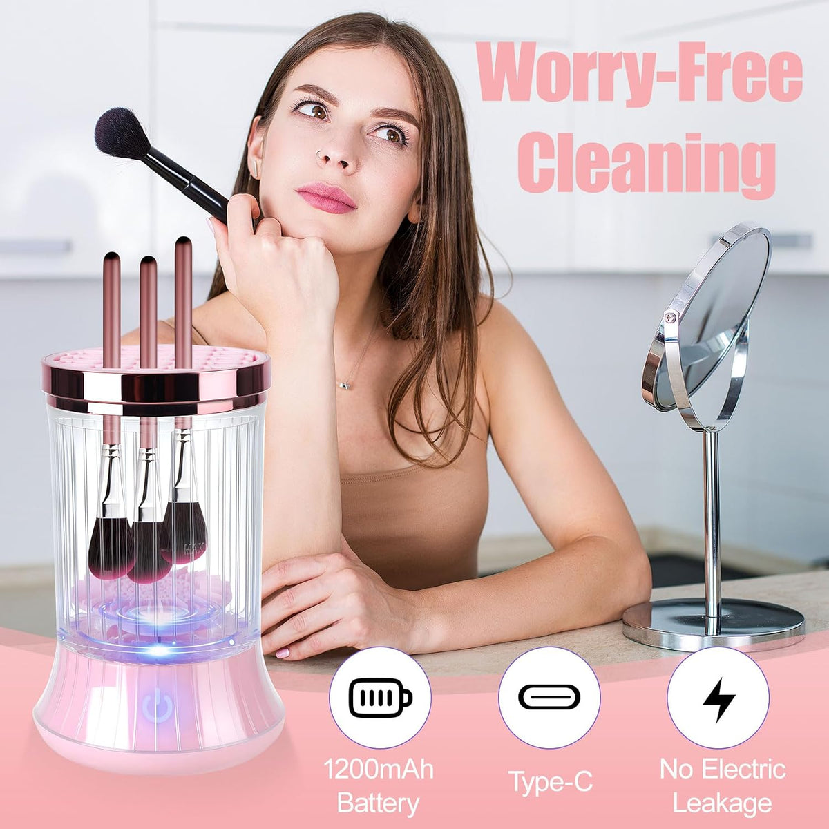 Electric Makeup Brush Cleaner Machine - USB-Powered Automatic Spinner with Dual Cleaning Modes, Portable Deep Cleaning Solution for Cosmetic Brushes, Pink