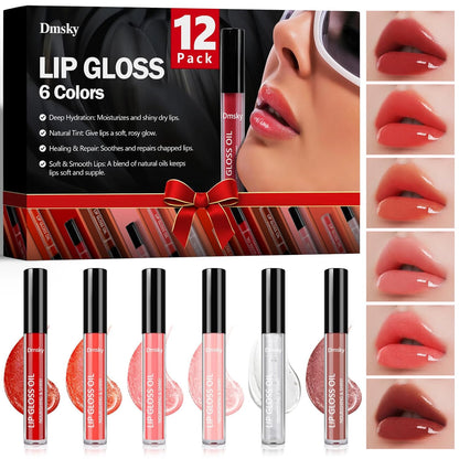 Dmsky 12-Piece Lip Gloss Collection: Moisturizing Lip Oils in 6 Vibrant Shades for Dry, Cracked Lips - Ideal for Girls and Women’s Makeup
