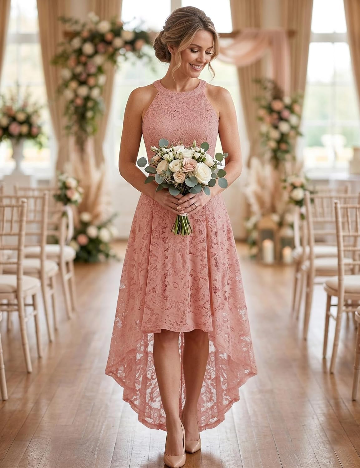Dressystar Women's Halter Lace High-Low Cocktail Dress for Wedding Guests