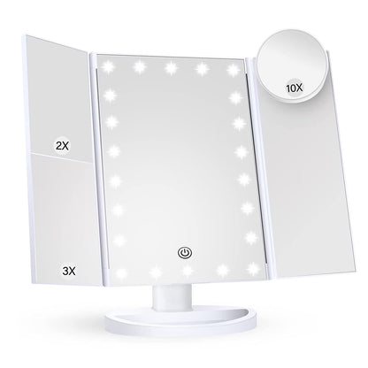 LED Lighted Makeup Mirror with Trifold Design, 1X/2X/3X Magnification and 10X Magnifying Mirror, Touch Control, Portable, White