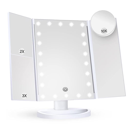 LED Lighted Makeup Mirror with Trifold Design, 1X/2X/3X Magnification and 10X Magnifying Mirror, Touch Control, Portable, White