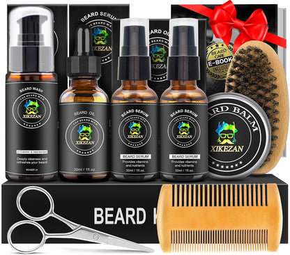 XIKEZAN Men's Beard Grooming and Care Set with Beard Serum, Wash, Oil, Balm, Comb, Brush, Scissors, Bag, and Ebook - Ideal Birthday and Holiday Gifts for Him, Dad, Husband, and Brother