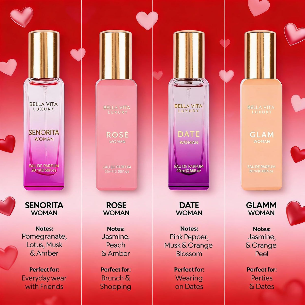 Bellavita Luxury Women's Perfume Gift Set - Includes Rose, Senorita, Date, and Glam | 80ml | Long-Lasting Fragrance with Pink Pepper, Yuzu, and Floral Peach