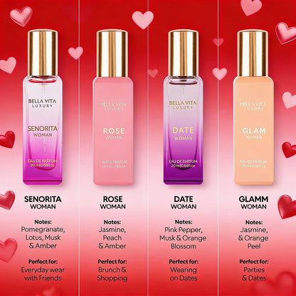 Bellavita Luxury Women's Perfume Gift Set - Includes Rose, Senorita, Date, and Glam | 80ml | Long-Lasting Fragrance with Pink Pepper, Yuzu, and Floral Peach
