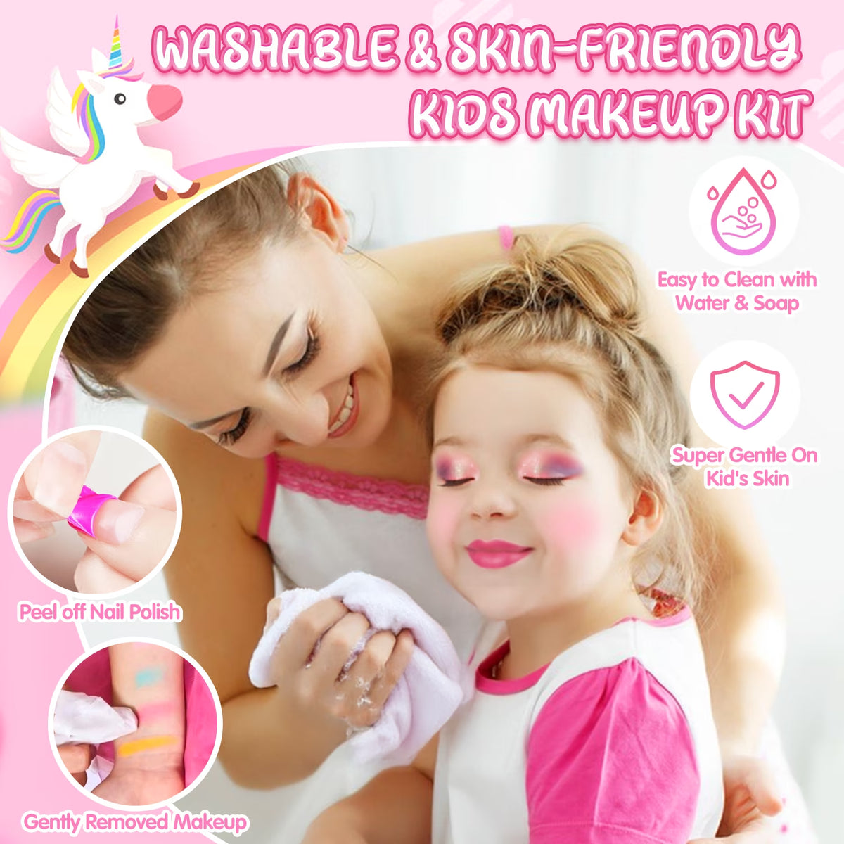 36-Piece Unicorn Makeup Kit for Girls – Real Washable Pretend Play Cosmetic Set with Mirror, Ideal Birthday Gift for Ages 4 to 9, Pink