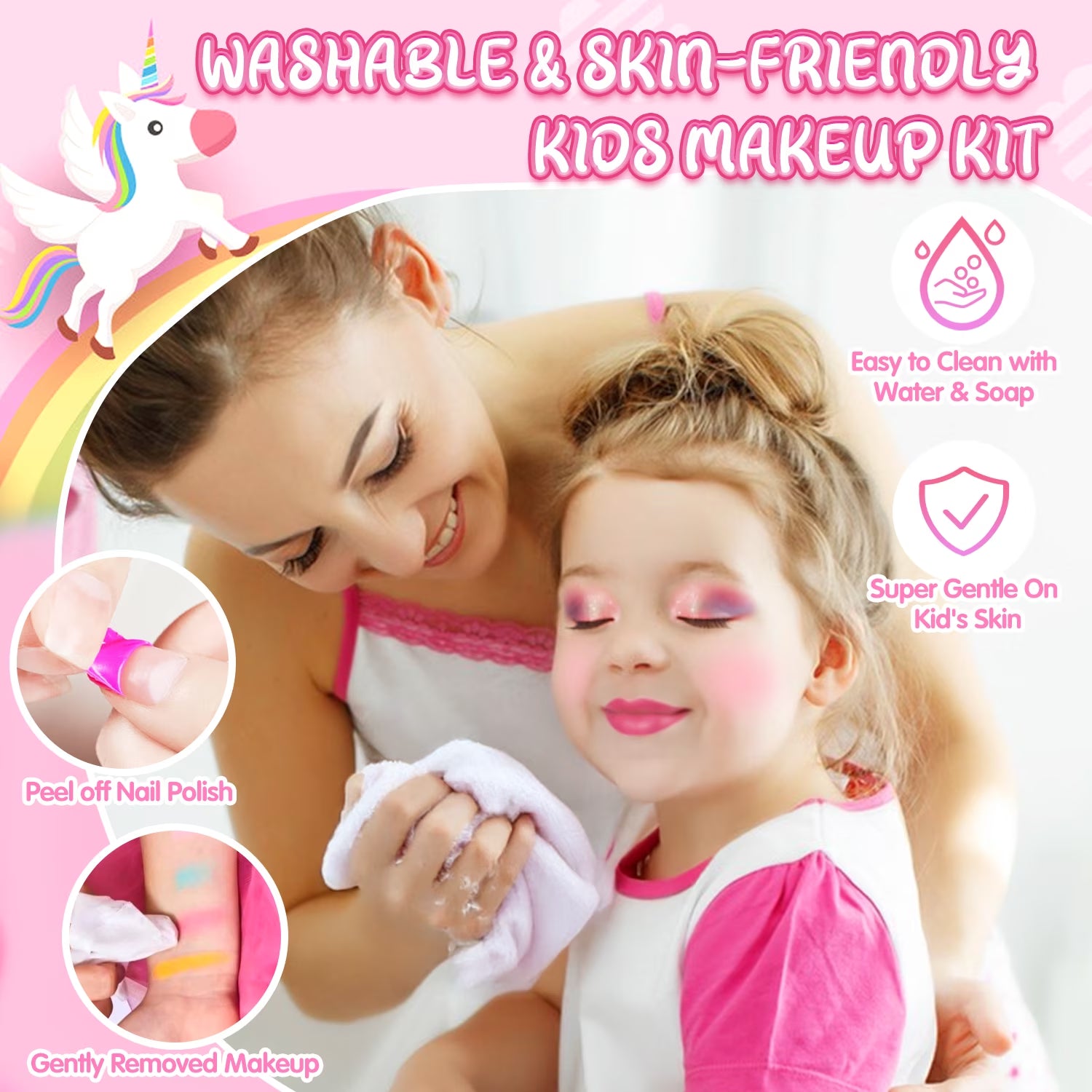 36-Piece Unicorn Makeup Kit for Girls – Real Washable Pretend Play Cosmetic Set with Mirror, Ideal Birthday Gift for Ages 4 to 9, Pink