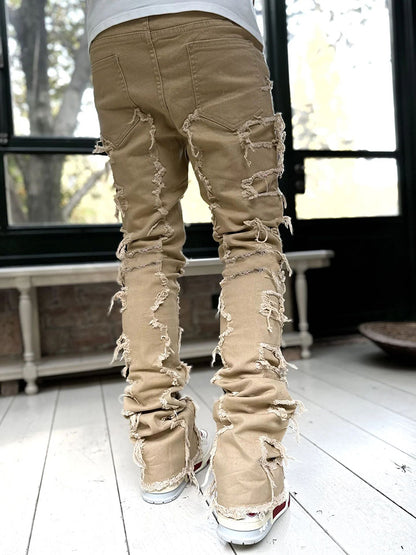 Men's Ripped Patchwork Stacked Jeans