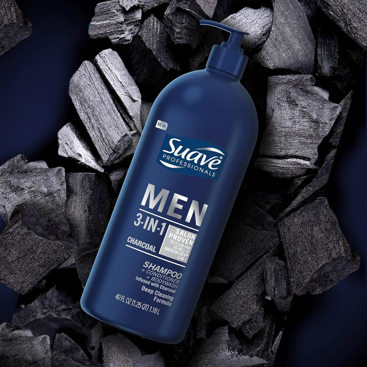 Suave Men Shampoo Conditioner Bodywash 3 in 1 Charcoal &Warm Ginger to Cleanse and Nourish Hair and Skin, 40 Oz Pack of 3